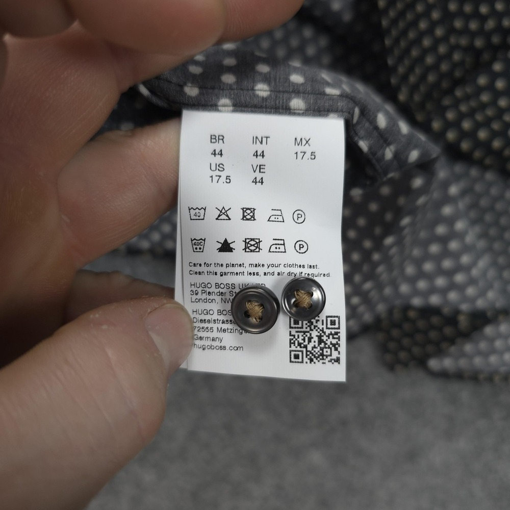 Boss Shirt Mens XL 17.5 34/35 Black Hank Kent Slim Fit Stretch Polka Dot Dress - Picture 7 of 13